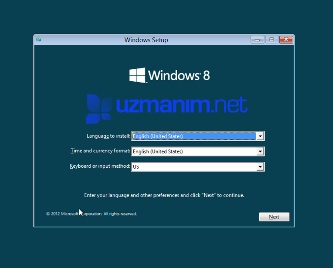 Windows 8 setup / kurulum ekranı Dil ve ülke seçimi