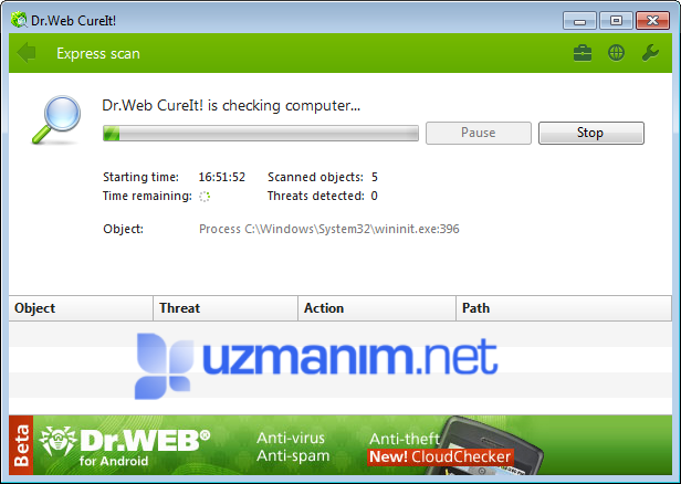 Dr.Web CureIt malware karşı bilgisayarı tarıyor. Bekleyin ekranı