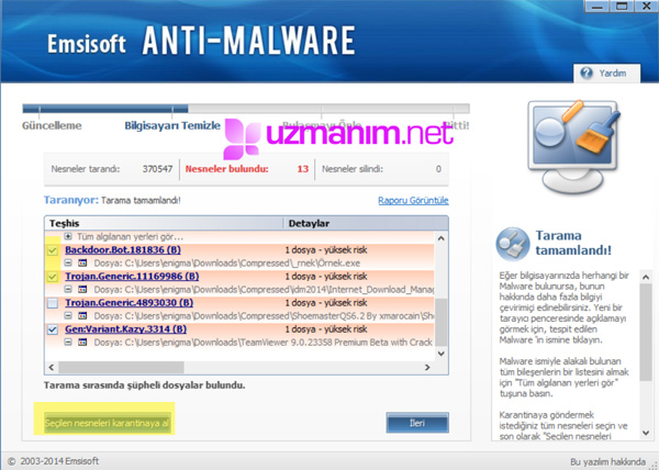 Emsisoft Anti-Malware tarama tamamlandı