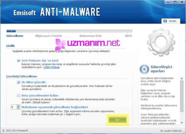 Emsisoft Anti-Malware güncelleyici ayarları