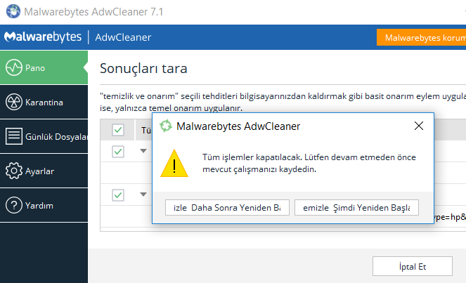 adwcleaner temizleme tüm işlemleri kapat penceresi