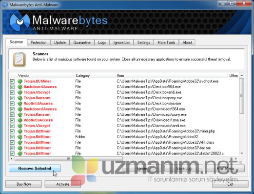 Malwarebytes zararlı yazılımlar sonuç ekranı