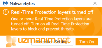 Malwarebytes Anti-Malware gerçek zamanlı koruma kapalı uyarısı