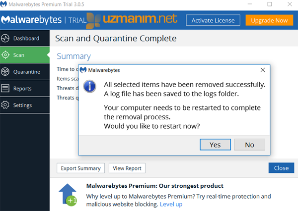 Malwarebytes Anti-Malware bilgisayarı yeniden başlatmak isteyebilir