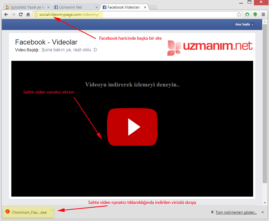 Facebook virüsü sahte video oynatıcı ekranı