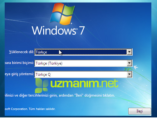 Windows 7 onarma - dil seçimi- türkçe