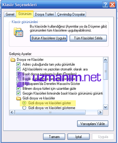 Windows XP gizli dosya ve klasörleri göster